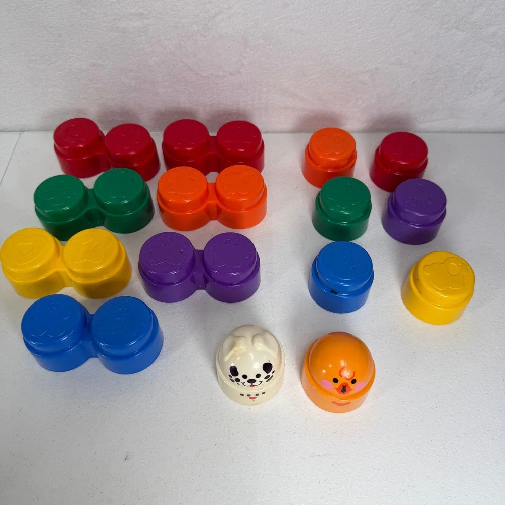 Fisher-Price 1996 Vintage Stacking Blocks Set Rattle Dog Chick Toppers 15pc